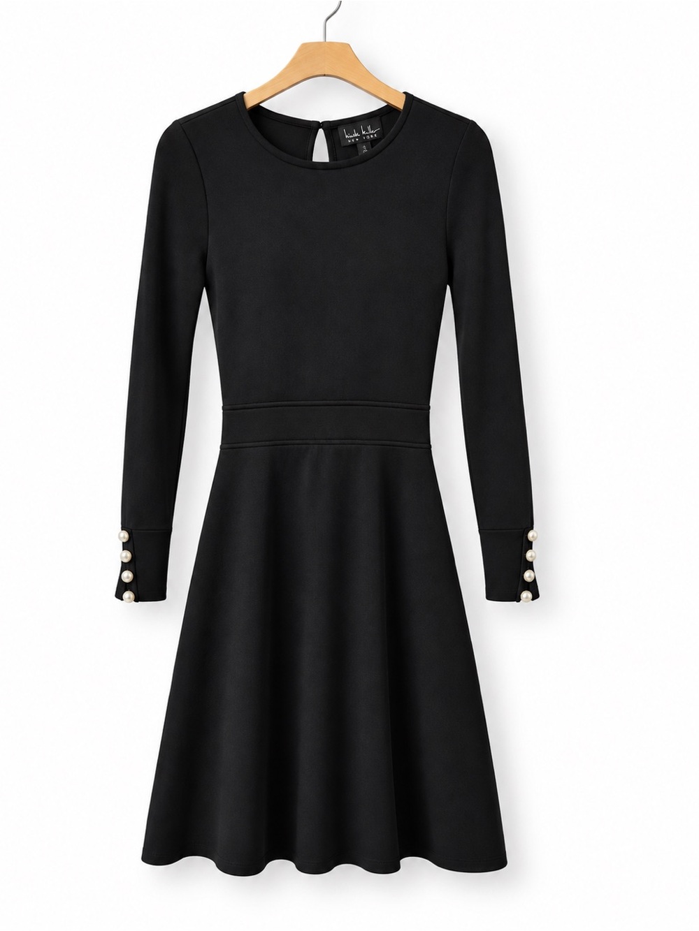 Nicole Miller Black Long-Sleeve Fit & Flare Dress with Pearl Cuffs